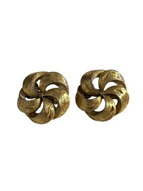 Vintage Gold Tone Swirl Knot Clip On Earrings Textured Rope Design